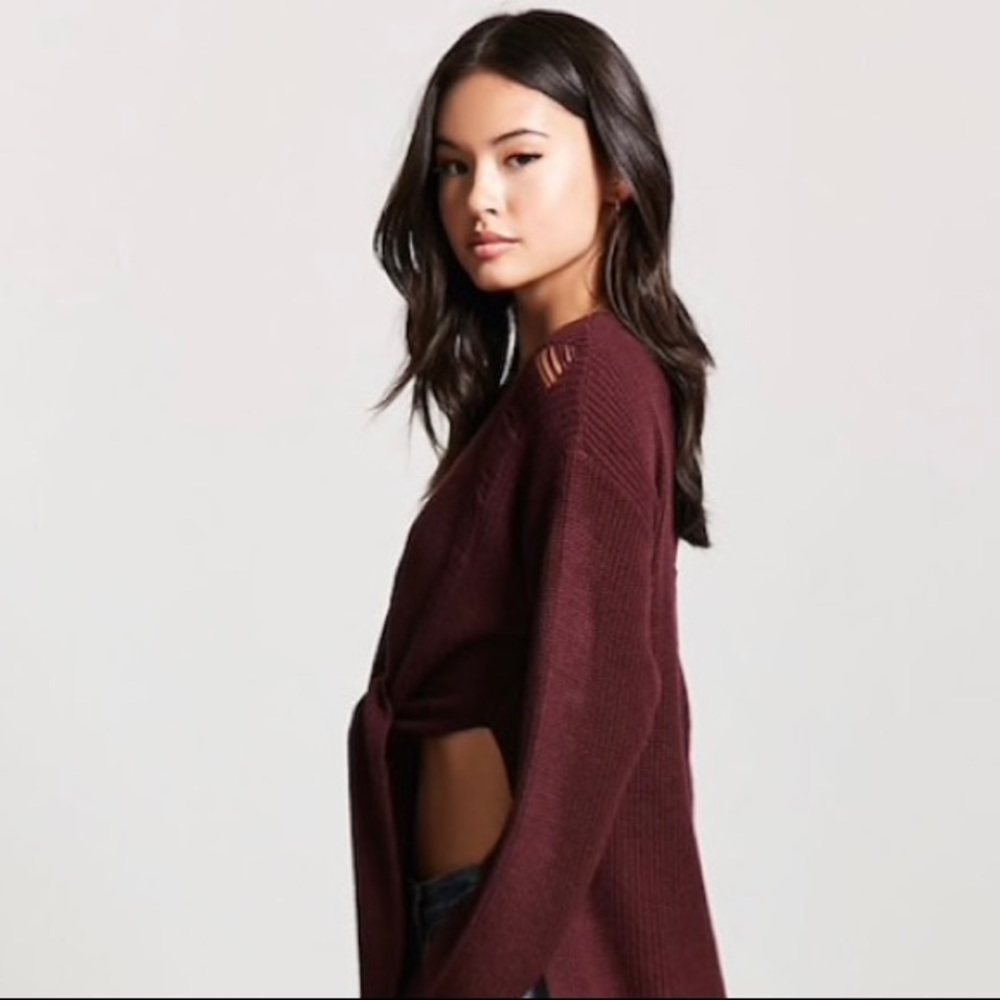 Distressed Tie Front Maxi Sweater